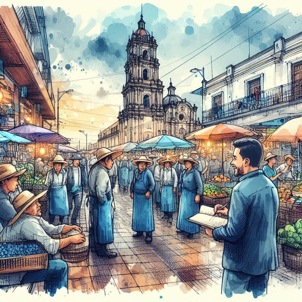 En pleno corazón de Villahermosa, bajo un vibrante cielo azul, comerciantes y empresarios tabasqueños se reúnen en un animado mercado al aire libre. Entre los coloridos puestos de artesanías y productos locales, se puede sentir la energía de la comunidad enfocada en el crecimiento y la expansión de sus PyMEs. Cada uno, vestido con trajes tradicionales tabasqueños en un elegante tono azul índigo, comparte estrategias y conocimientos sobre la segmentación de mercado, potenciando así sus negocios. 

con una vista normal, a un estilo de caricatura periodística con la técnica de acuarela, la ropa de la gente debe ser en azul índigo y las personas deben usar ropa tradicional tabasqueña.