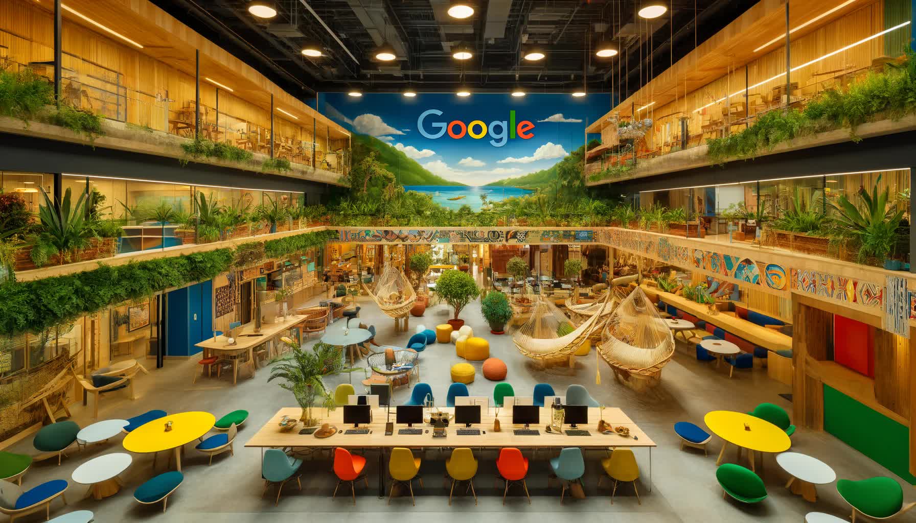 Oficinas de Google en Villahermosa, Tabasco, con una combinación de tecnología moderna y elementos culturales locales. El espacio cuenta con muebles coloridos, murales que representan paisajes y patrimonio local, vegetación tropical, hamacas y decoraciones tradicionales, junto con estaciones de trabajo de última generación, áreas colaborativas y salas de reuniones innovadoras.