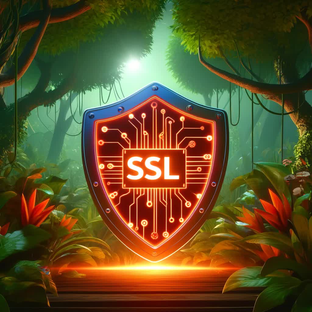 Escudo de ciberseguridad con la palabra SSL, rodeado de circuitos digitales, ambientado en la selva tropical de Tabasco, México. La imagen representa la seguridad y protección de datos en entornos digitales para empresas en Tabasco.